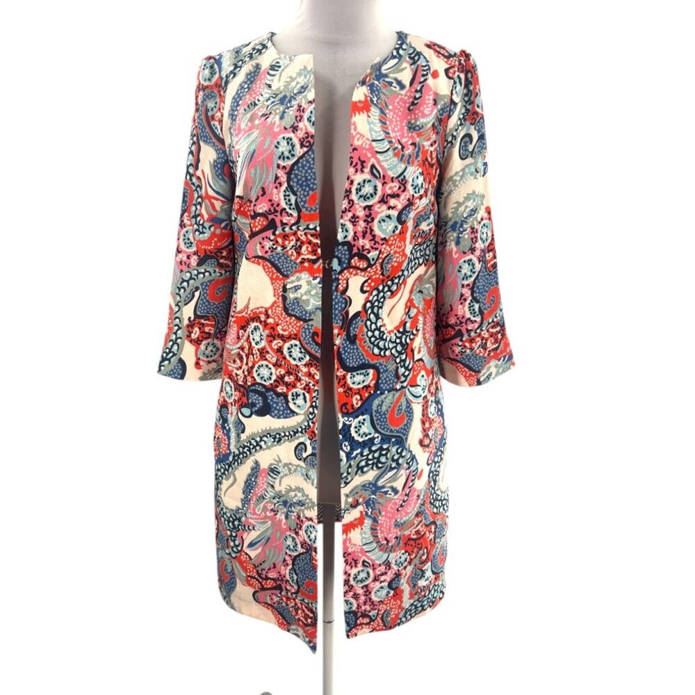 CK Bradley Sandpiper Open Front Midi Jacket Dragon Print Sz XS